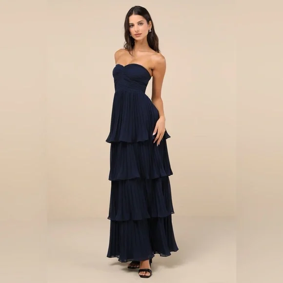 Lulus Seriously Sensational Navy Blue Strapless Tiered Maxi Dress - Picture 3 of 5